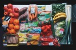 picture of fruits, vegetables, and meat and poultry foods.