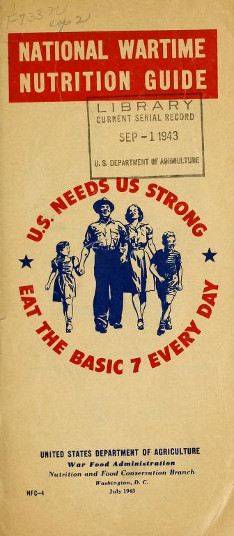 Picture of a family holding hands and the 1943 USDA bulletin with the words National Wartime Nutrition Guide. U. S. Needs US Strong, Eat the Basic 7 Every Day.