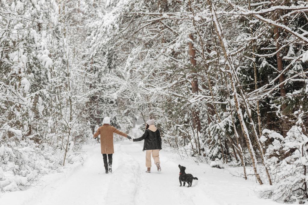 Two people walking in the snow with a small dog