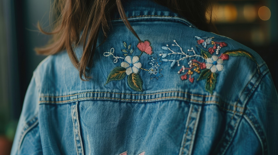 Embroidered flowers on the back of a denim jacket. 