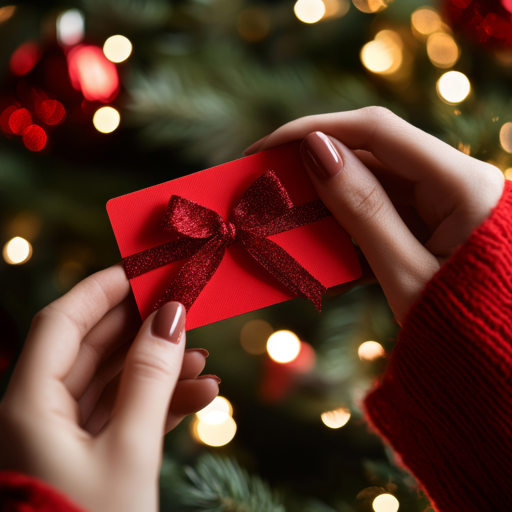 Hands holding a wrapped gift card in front of a Christmas tree.